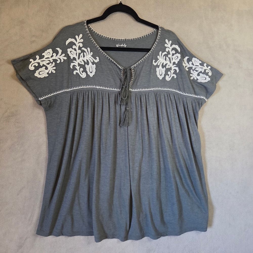 Wonderly Embroidered Tassel Babydoll Top Women's Large Boho Peasant Cottage